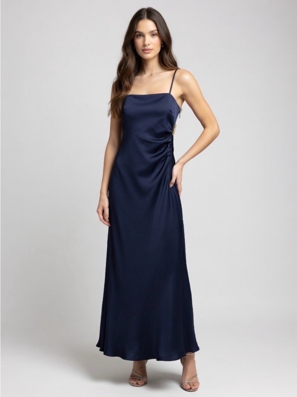 House of Harlow 1960 Navy Satin Slip Maxi Dress with Side Detail